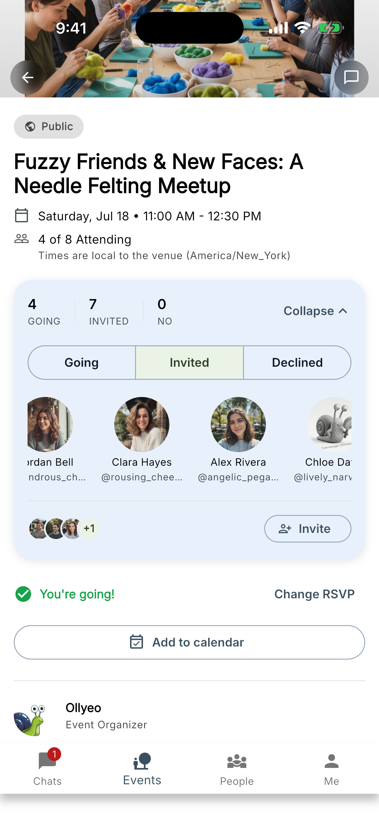 Example member-app event showing the activity, time and participants.